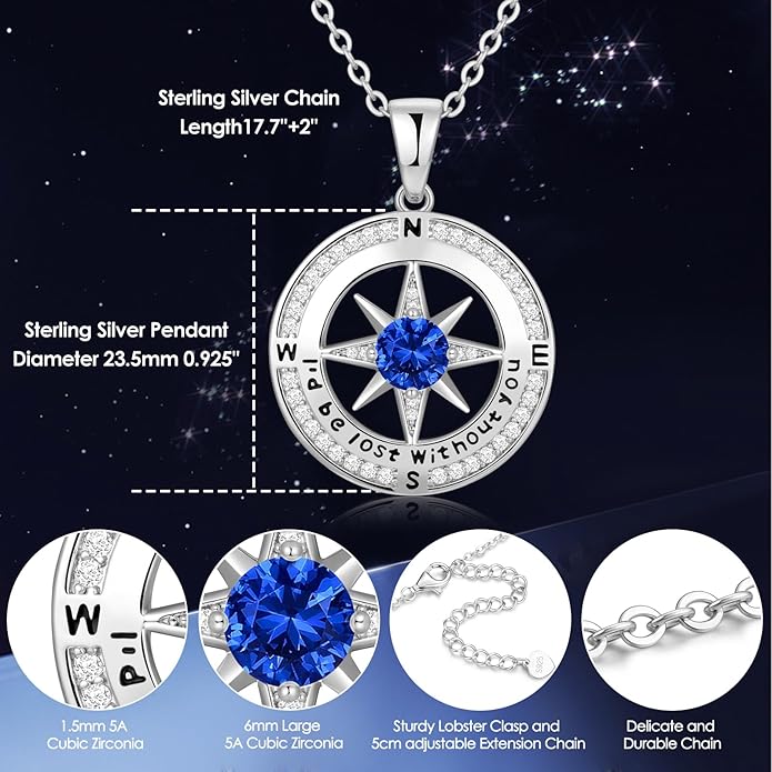 Compass Necklace Gifts for Women wife - S925 Sterling Silver Birthstone Necklaces for Women - Anniversary Birthday Gifts for Her Wife Girlfriend - Valentines Mom Mothers Day Christmas Gifts Jewelry for Women