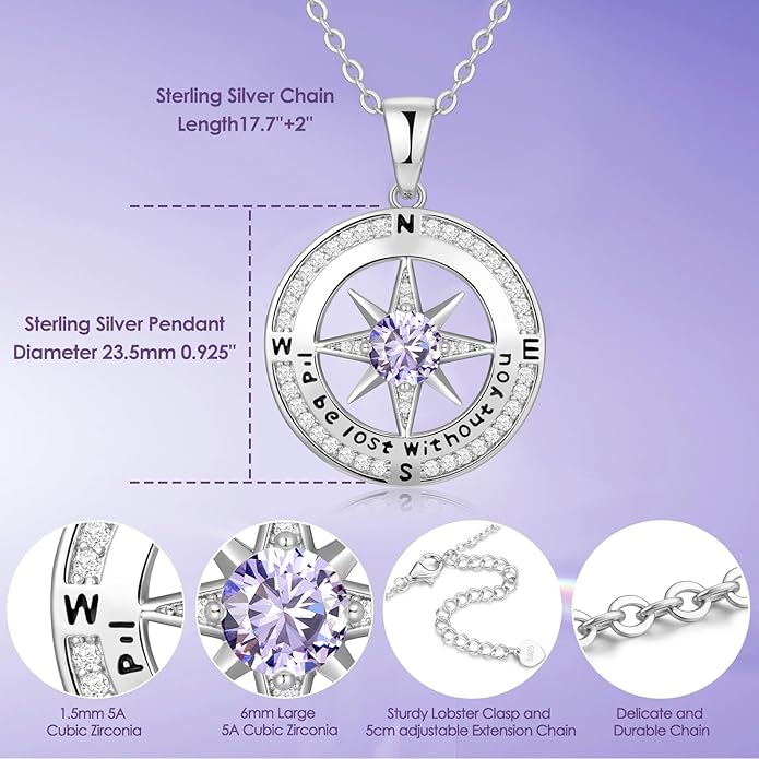Compass Necklace Gifts for Women wife - S925 Sterling Silver Birthstone Necklaces for Women - Anniversary Birthday Gifts for Her Wife Girlfriend - Valentines Mom Mothers Day Christmas Gifts Jewelry for Women