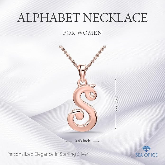 SEA OF ICE Letter Initial Necklace, Alphabet Letter Pendant Necklace, Sterling Silver, Gold, Rose Gold Necklace for Women, Elegant Initial Necklaces, Personalized Custom Women's Necklaces