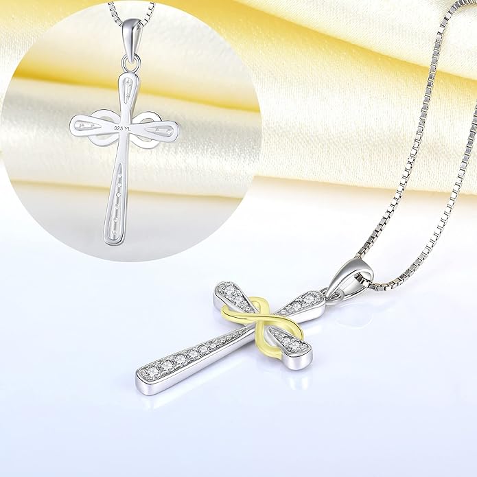 YL 925 Sterling Silver Cross Necklace for Women Halo Infinity Pendant Birthstone Jewelry for Mom
