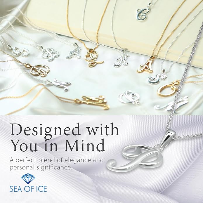 SEA OF ICE Letter Initial Necklace, Alphabet Letter Pendant Necklace, Sterling Silver, Gold, Rose Gold Necklace for Women, Elegant Initial Necklaces, Personalized Custom Women's Necklaces