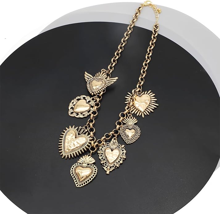 Chunky Retro Heart Necklace for Women Antique Layer Beach Ocean Moon Stars Western Boho Charm Necklaces Retro Link Chain Jewelry