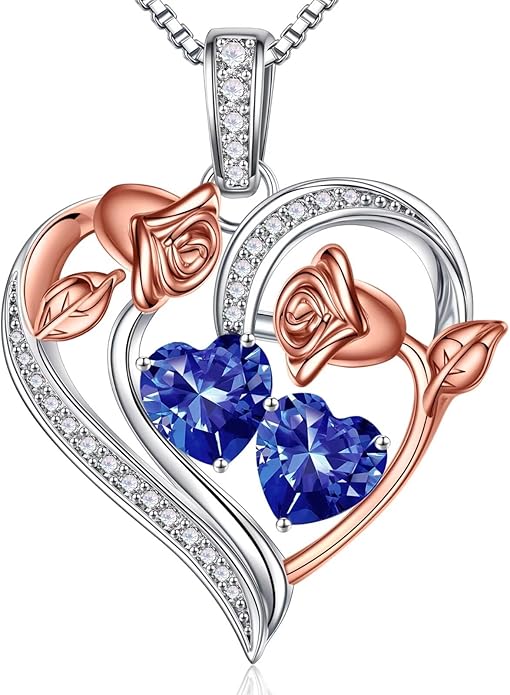 Iefil Birthstone Necklace for Women - 925 Sterling Silver Rose Heart Necklace, Birthstone Jewelry, Anniversary Birthday Gifts for Wife Girlfriend Mom Daughter