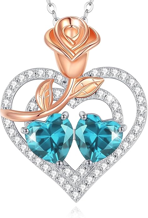 AGVANA Birthstone Necklace for Women Sterling Silver Rose Flower Heart Double Birthstone Jewelry Pendant Necklace Anniversary Birthday Gifts for Women Mom Wife Girlfriend Her