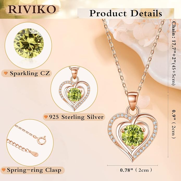 RIVIKO Heart Birthstone Pendant Necklace for Women 925 Sterling Silver Zirconia Necklaces Wedding Anniversary Birthday Mothers Day Jewelry Gifts For Her Mother Wife