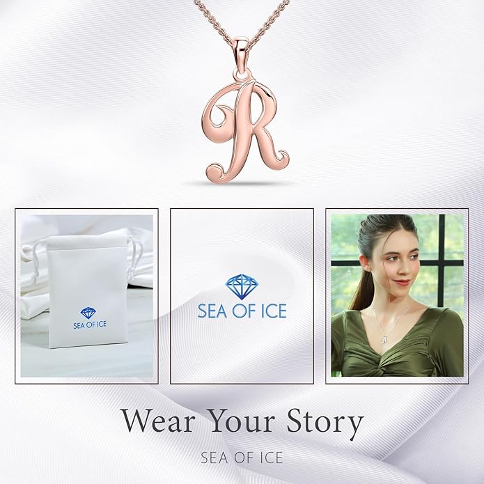 SEA OF ICE Letter Initial Necklace, Alphabet Letter Pendant Necklace, Sterling Silver, Gold, Rose Gold Necklace for Women, Elegant Initial Necklaces, Personalized Custom Women's Necklaces