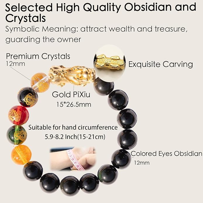 24K Gold Plated PiXiu Dragon Bracelet Feng Shui Bracelet, Obsidian Bracelet Dragon Protection for Men Women, Meditation Prayer Beads Bracelets Meaning to Attract Wealth and Good Luck(12mm)