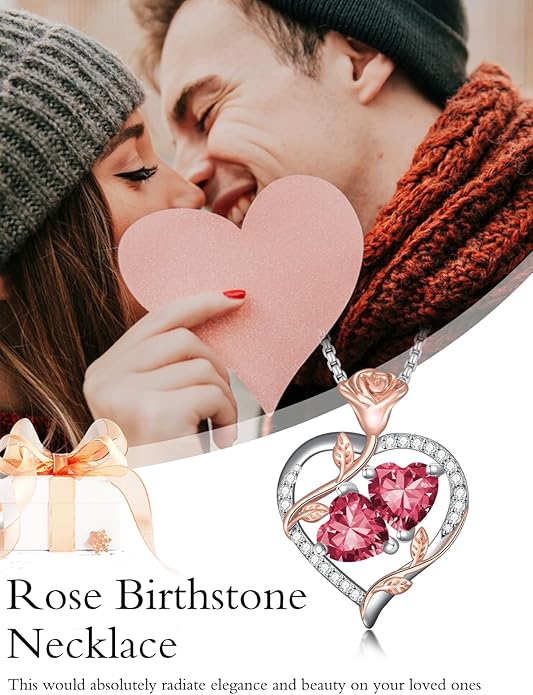 Jewelry for Her Double Heart Rose Birthstone Pendant Necklace Anniversary Jewelry Christmas Birthday Gifts for Women Wife Girlfriend
