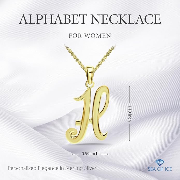 SEA OF ICE Letter Initial Necklace, Alphabet Letter Pendant Necklace, Sterling Silver, Gold, Rose Gold Necklace for Women, Elegant Initial Necklaces, Personalized Custom Women's Necklaces