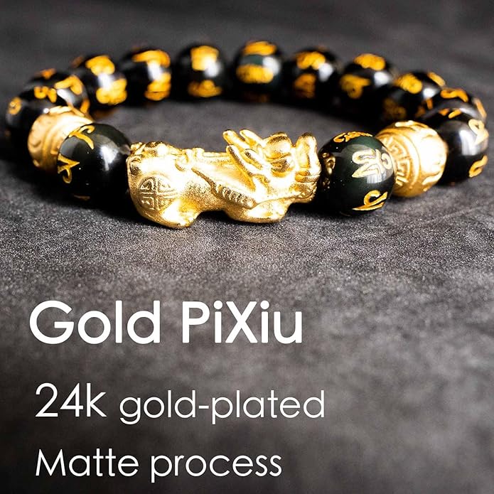 Feng Shui Bracelet 24K Gold Plated PiXiu, Colored Eyes Obsidian Dragon Protection Bracelet Meditation Decompression Prayer Beads Lucky Wealth Bracelets for Men Women(12mm)