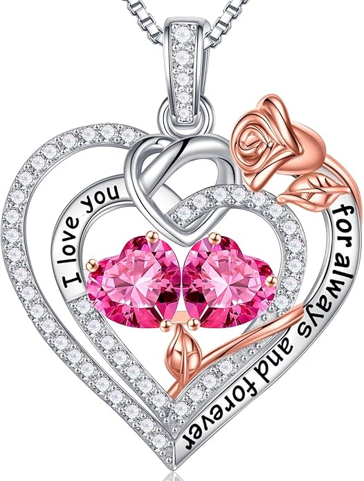 Iefil Rose Heart Necklace Gifts for Wife Women - 925 Sterling Silver Double Birthstone Necklace, Anniversary Birthday Gifts for Women, Jewelry Gift for Wife Girlfriend Mom Her