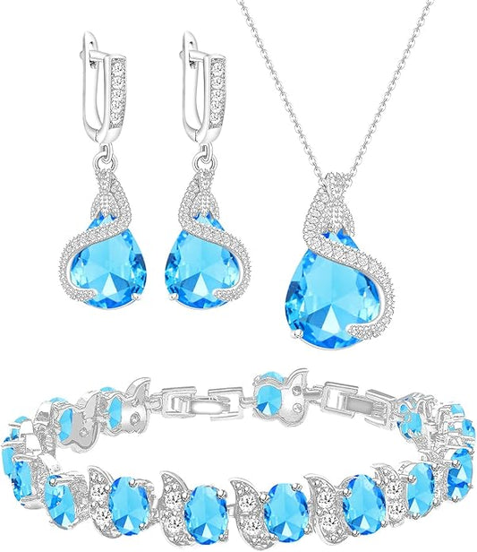 GZWHD Jewelry Set for Women Water Drop Cubic Zirconia Artificial Crystal Earrings Pendant Necklace Open Ring Tennis Bracelet Wedding Anniversary Birthday Engagement Gift for Bridesmaid Wife Girlfriend Friend