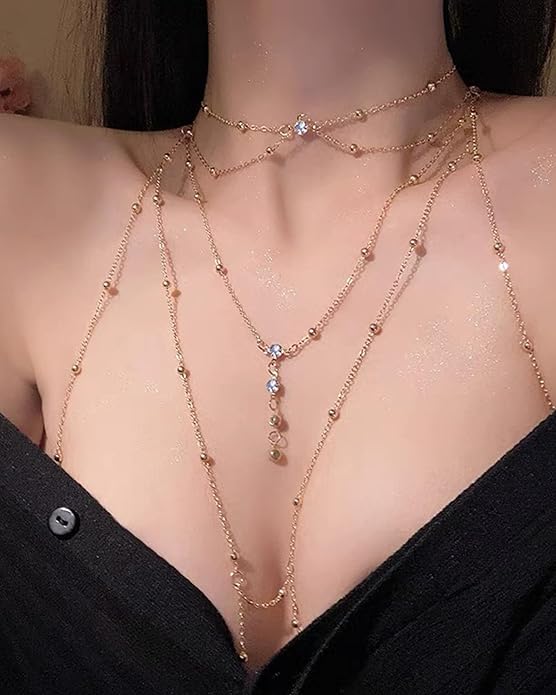 QWALIT Silver Gold Body Chain Jewelry for Women Rhinestone Body Chain with Necklace Gold Bra Chains Top Lingerie Chain Jewelry Sexy