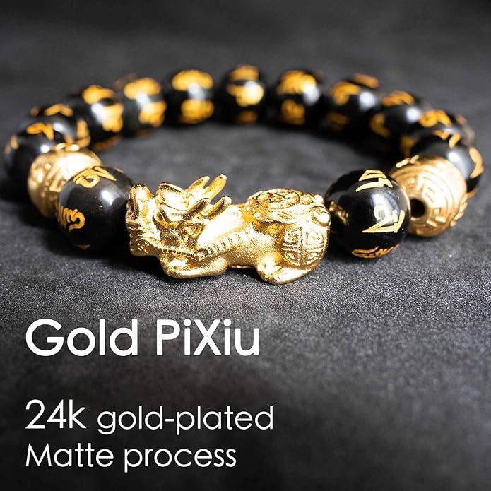 Feng Shui Bracelet 24K Gold Plated PiXiu Bracelet, Obsidian Dragon Protection Meditation Decompression Prayer Beads Lucky Wealth Bracelets for Men Women