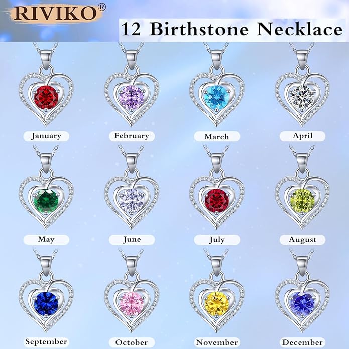 RIVIKO Heart Birthstone Pendant Necklace for Women 925 Sterling Silver Zirconia Necklaces Wedding Anniversary Birthday Mothers Day Jewelry Gifts For Her Mother Wife