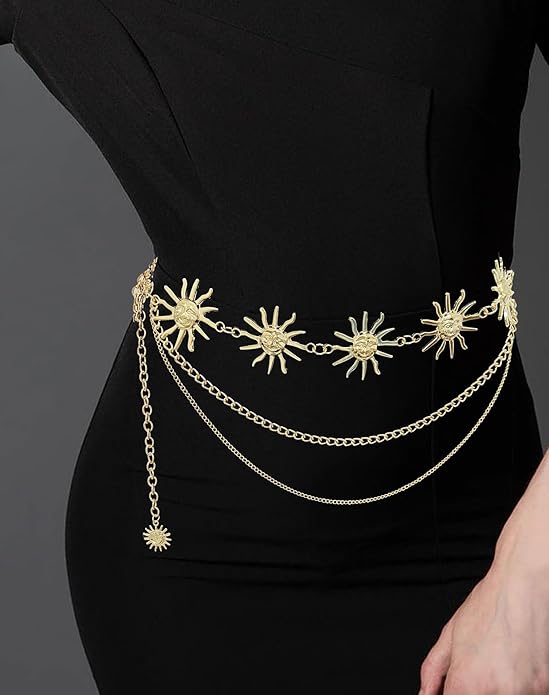 Tornito Metal Waist Chain Gold Chain Belt Chunky Belly Link Chain Moon Double O Ring Sunflower Body Chain Jewelry for Women Dresses Adjustable