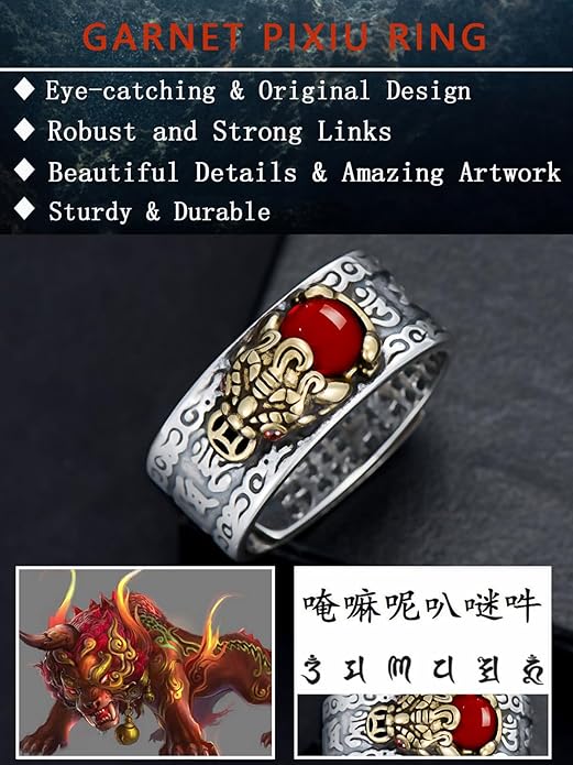 Seiyang Feng Shui Ring 925 Stering Silver Pixiu Mantra Ring Protection Wealth Adjustable Rings Gift for Men Women (with Gift Box)