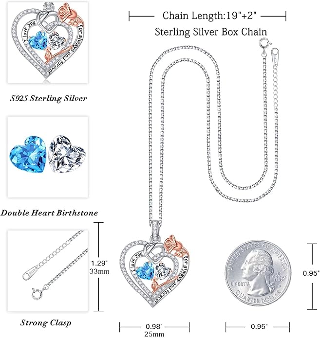 Iefil Rose Heart Necklace Gifts for Wife Women - 925 Sterling Silver Double Birthstone Necklace, Anniversary Birthday Gifts for Women, Jewelry Gift for Wife Girlfriend Mom Her