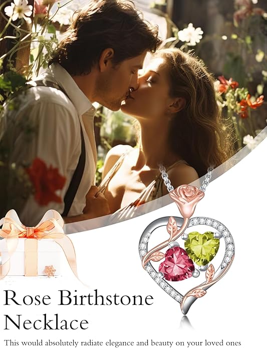 Jewelry for Her Double Heart Rose Birthstone Pendant Necklace Anniversary Jewelry Christmas Birthday Gifts for Women Wife Girlfriend
