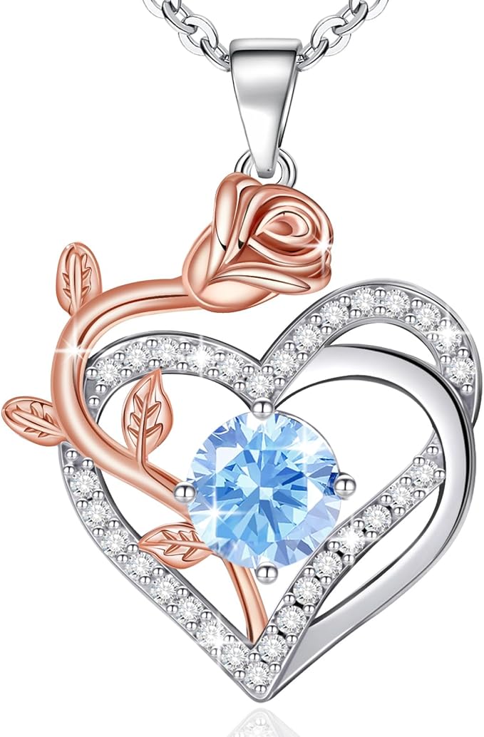 moshen Rose Heart Necklace for Women,925 Sterling Silver Birthstone Pendant - Gift for Women on Valentine's Day, Birthday, Christmas, Anniversary, Mather's Day (03-March-Aquamarine Light Blue)