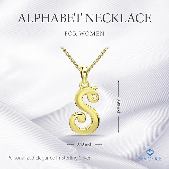 SEA OF ICE Letter Initial Necklace, Alphabet Letter Pendant Necklace, Sterling Silver, Gold, Rose Gold Necklace for Women, Elegant Initial Necklaces, Personalized Custom Women's Necklaces