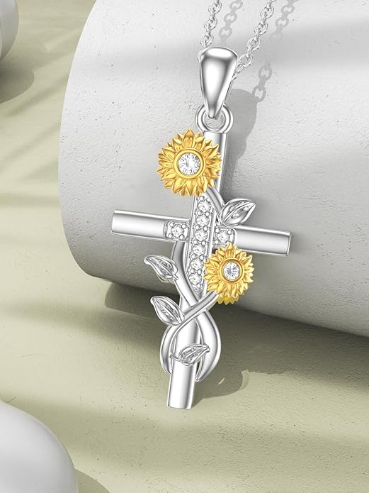Sunflower Necklace for Women, 18K Gold Plated Silver Moissanite Sunflower Heart/Cross Pendant Necklace You are My Sunshine Gifts Sunflower Jewelry Birthday Christmas Mothers Day Gifts for Her Girlfriend Wife
