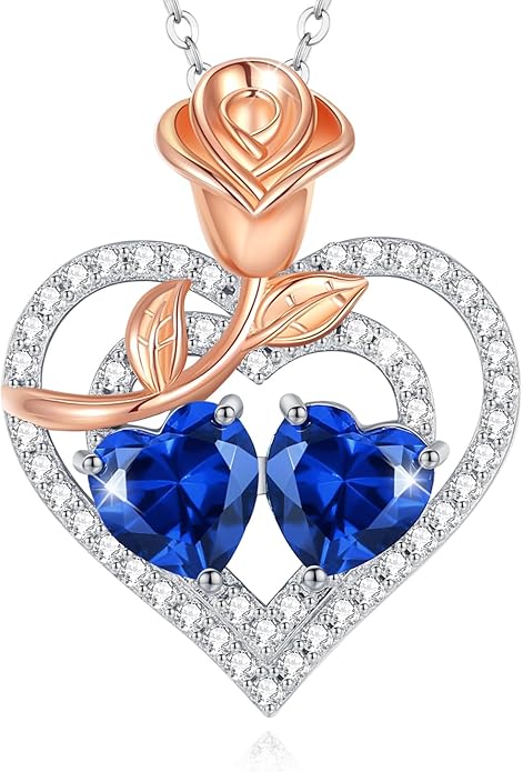 AGVANA Birthstone Necklace for Women Sterling Silver Rose Flower Heart Double Birthstone Jewelry Pendant Necklace Anniversary Birthday Gifts for Women Mom Wife Girlfriend Her