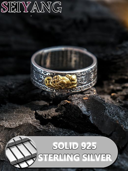 Seiyang Feng Shui Ring 925 Stering Silver Pixiu Mantra Ring Protection Wealth Adjustable Rings Gift for Men Women (with Gift Box)