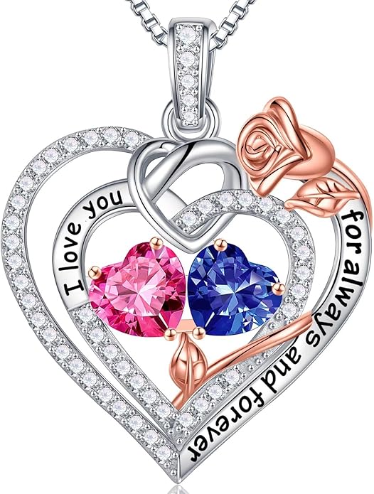 Iefil Rose Heart Necklace Gifts for Wife Women - 925 Sterling Silver Double Birthstone Necklace, Anniversary Birthday Gifts for Women, Jewelry Gift for Wife Girlfriend Mom Her