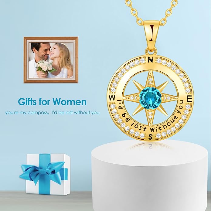Compass Necklace Gifts for Women wife - S925 Sterling Silver Birthstone Necklaces for Women - Anniversary Birthday Gifts for Her Wife Girlfriend - Valentines Mom Mothers Day Christmas Gifts Jewelry for Women
