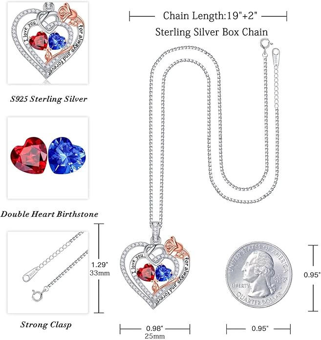 Iefil Rose Heart Necklace Gifts for Wife Women - 925 Sterling Silver Double Birthstone Necklace, Anniversary Birthday Gifts for Women, Jewelry Gift for Wife Girlfriend Mom Her