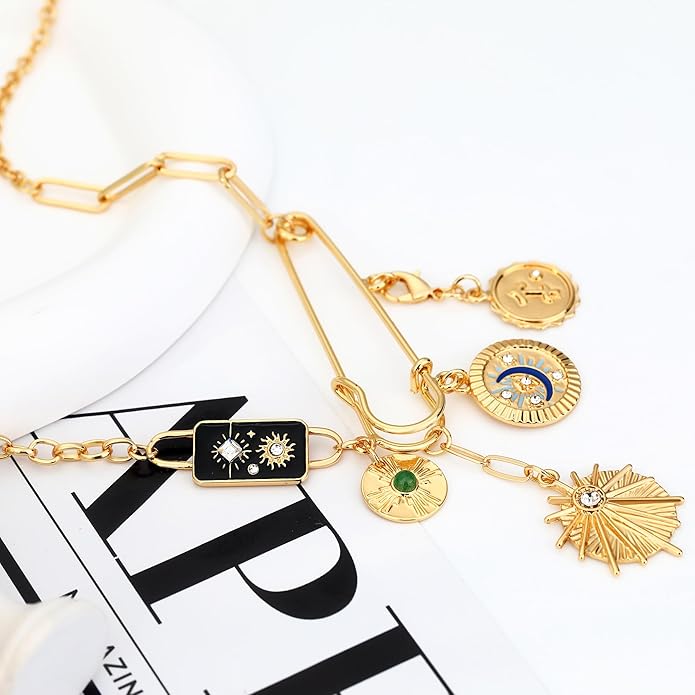 Charm Necklace for Women Gold Evil Eye Sun Moon Flower Coin Pendant Necklace Dainty Paperclip Chain Vintage Luck Amulet Choker Necklaces Celestial Jewelry Gift