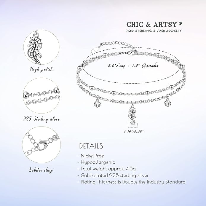 CHIC & ARTSY Womens Sterling Silver Created Opal Layered Anklet Bracelet Dainty Beaded Chain Adjustable 11" Best Friend Anklet