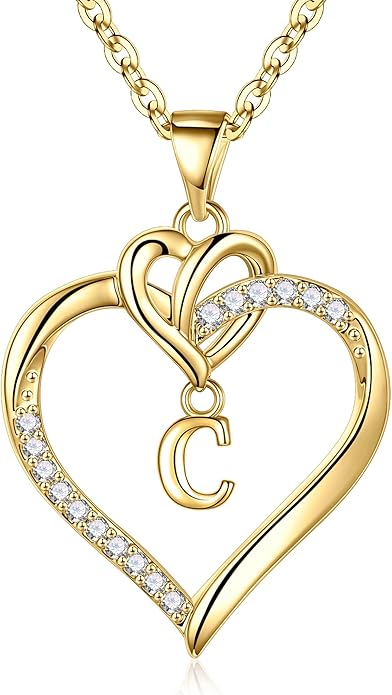STORUP Heart Initial Necklaces for Women Girls, 14K Gold Plated Cubic Zirconia Heart Initial A-Z Pendant Necklace Dainty Heart Necklaces for Women Teen Girl Jewelry Birthday Gifts