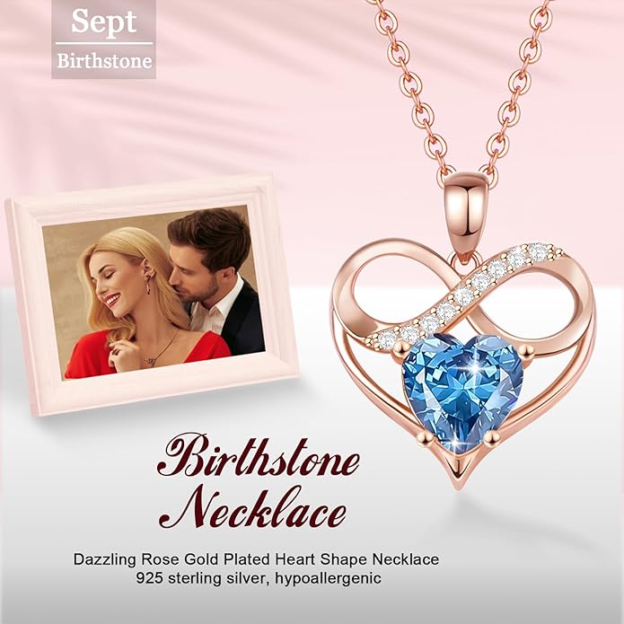 Rose Gold Birthstone Necklaces Heart Birthstone Pendant Necklaces For Women Valentine's Day Mother's Day Anniversary Christmas Gifts