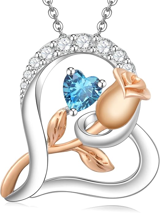 Rose Flower Heart Birthstone Necklaces for Women, 925 Sterling Silver Anniversary Jewelry, Pendant Heart Necklaces Birthday Anniversary Christmas Gift for Women Wife Mom Girlfriend Lady