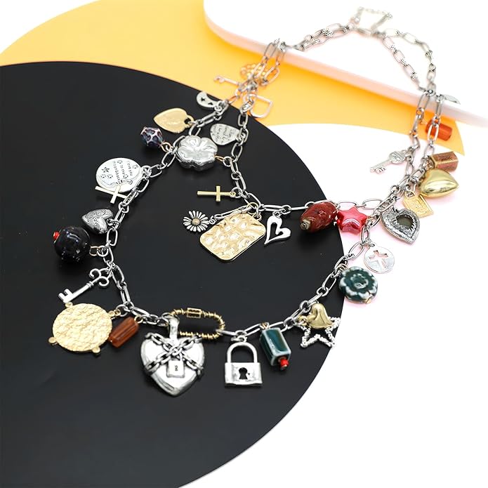 Chunky Retro Heart Necklace for Women Antique Layer Beach Ocean Moon Stars Western Boho Charm Necklaces Retro Link Chain Jewelry