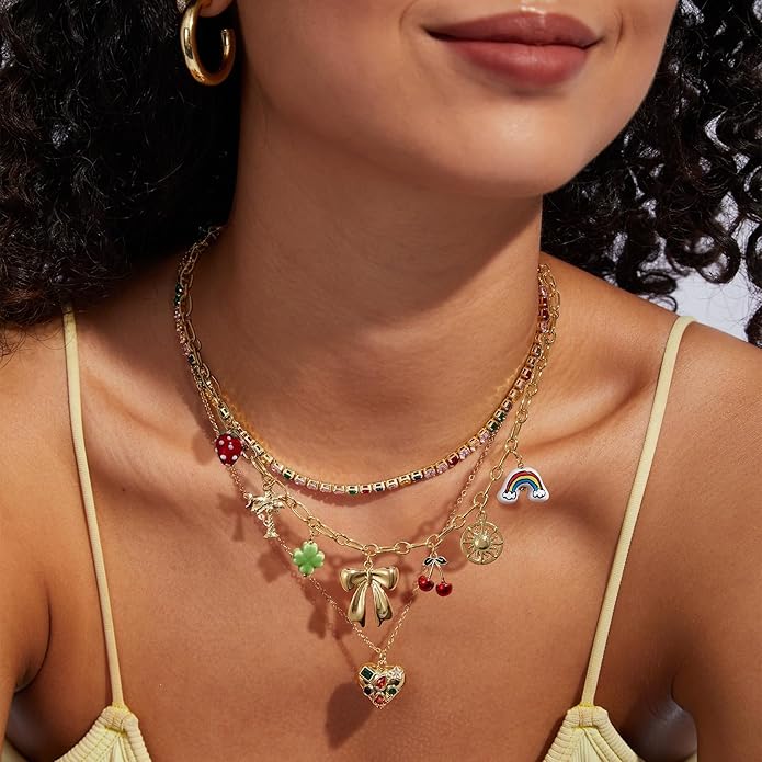 KissYan Charm Necklace for Women, 14K Gold Plated Heart Starfish Sun Pendant Fashion Link Chain Boho Summer Beach Jewelry Gifts