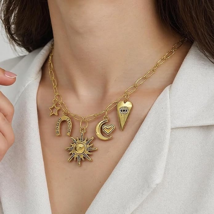 Chunky Retro Heart Necklace for Women Antique Layer Beach Ocean Moon Stars Western Boho Charm Necklaces Retro Link Chain Jewelry