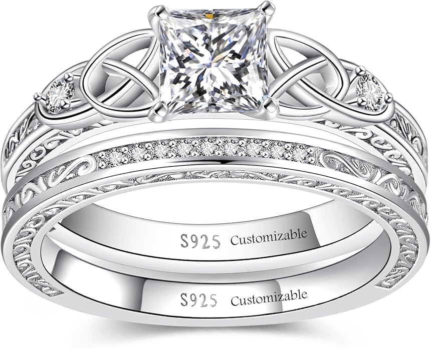 Vintage Celtic Knot Women's Engagement Ring Sets 925 Sterling Silver/14K Gold Plated Stackable Wedding Bands Rings AAAAA Cubic Zirconia Women Bridal Sets Wedding Ring Band Width 1.8mm Size 5-9