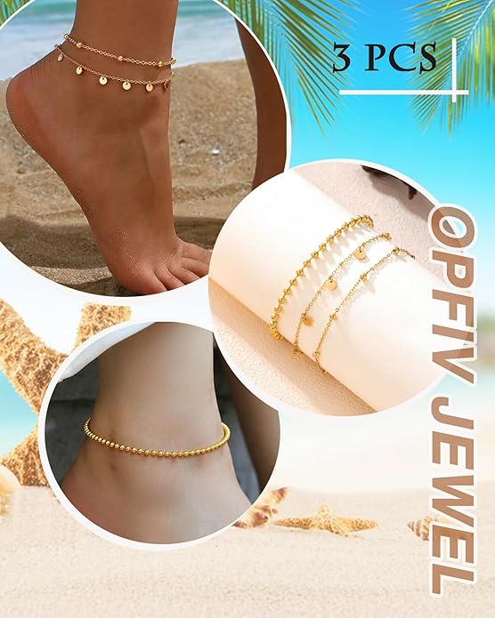 2/3 PCS Gold Anklets for Women Waterproof Boho Starfish, Seashell, Heart & Butterfly Charms Ankle Bracelets Non Tarnish Adjustable Layered Cuban Beaded Foot Chain Beach Jewelry for Summer Vacations