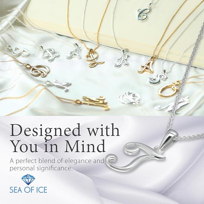 SEA OF ICE Letter Initial Necklace, Alphabet Letter Pendant Necklace, Sterling Silver, Gold, Rose Gold Necklace for Women, Elegant Initial Necklaces, Personalized Custom Women's Necklaces