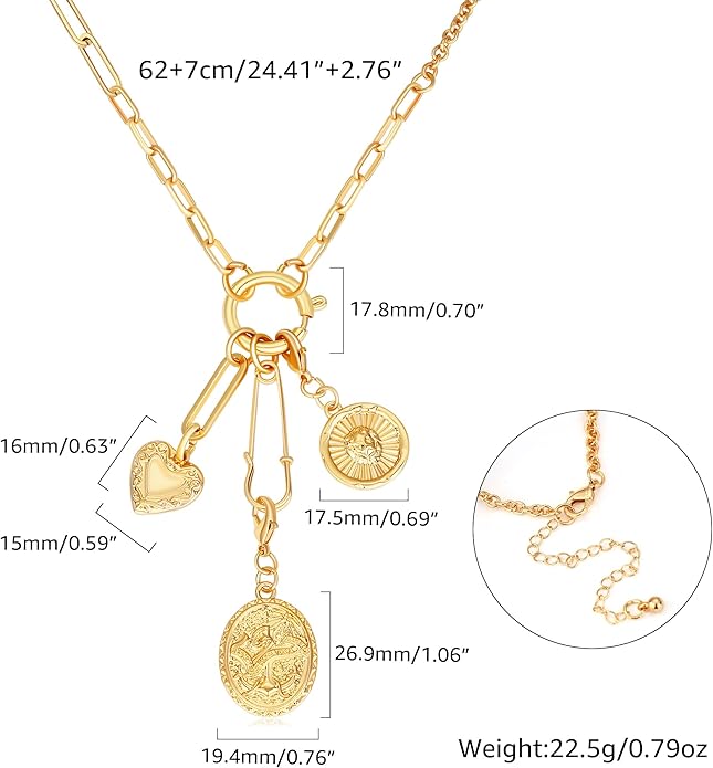 Charm Necklace for Women Gold Evil Eye Sun Moon Flower Coin Pendant Necklace Dainty Paperclip Chain Vintage Luck Amulet Choker Necklaces Celestial Jewelry Gift