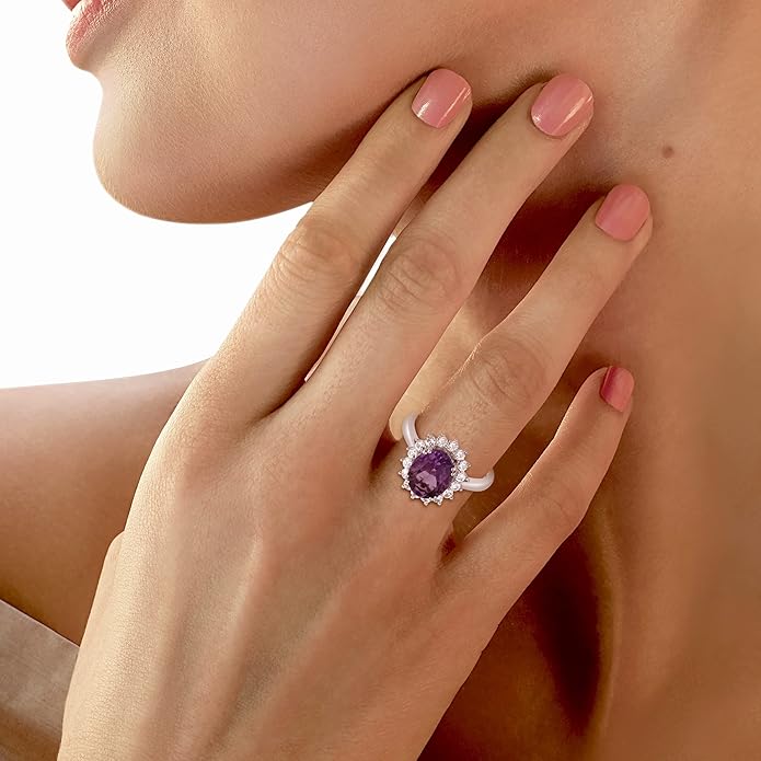 Jewelili Sterling Silver 10x8 MM Oval Amethyst with Round Created White Sapphire Engagement Ring