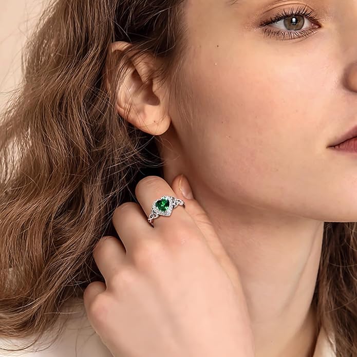 DAYBYDAY Celtic Birthstone Rings for Women 925 Sterling Silver Heart/Round/Pear/Oval Created Gemstone Moissanite Halo Engagement Promise Rings for Her Wife Birthday Anniversary Wedding Jewelry