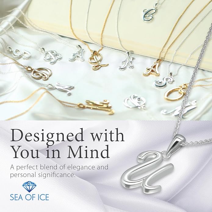 SEA OF ICE Letter Initial Necklace, Alphabet Letter Pendant Necklace, Sterling Silver, Gold, Rose Gold Necklace for Women, Elegant Initial Necklaces, Personalized Custom Women's Necklaces