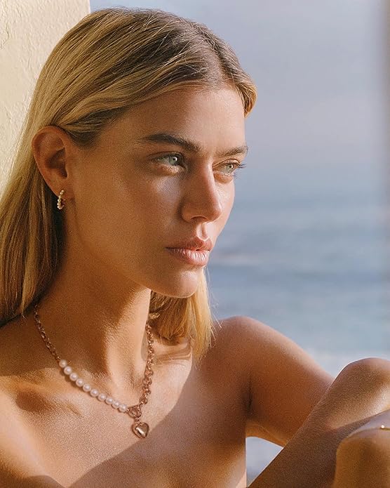 18k Gold Chain Link Necklace for Women, Baroque Pearl/Compass Pendant Necklace