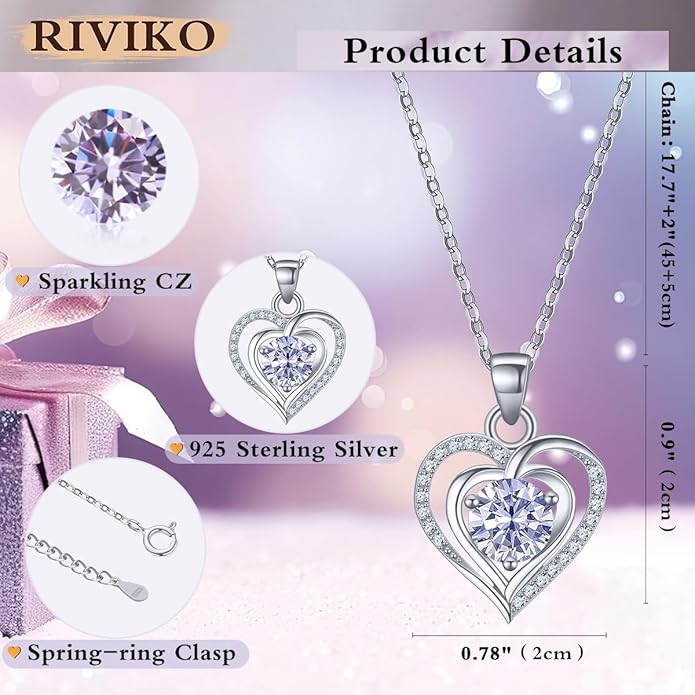 RIVIKO Heart Birthstone Pendant Necklace for Women 925 Sterling Silver Zirconia Necklaces Wedding Anniversary Birthday Mothers Day Jewelry Gifts For Her Mother Wife