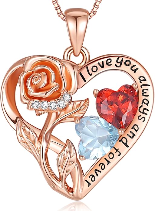 925 Sterling Silver Double Birthstone Rose Flower Heart Jewelry Necklaces for Women Anniversary Love Forever Necklaces for Her Birthday Gifts for Wife Girlfriend Mom Mothers Day Rose Gold