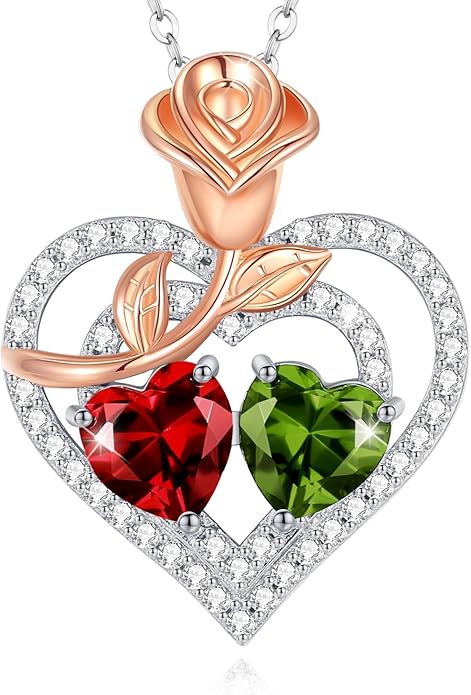 AGVANA Birthstone Necklace for Women Sterling Silver Rose Flower Heart Double Birthstone Jewelry Pendant Necklace Anniversary Birthday Gifts for Women Mom Wife Girlfriend Her